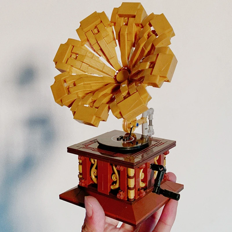Ретро фонограф 3D модел DIY блокове музикален плейър грамофон мини тухли сграда Jukebox рекордна машина Играчки за деца