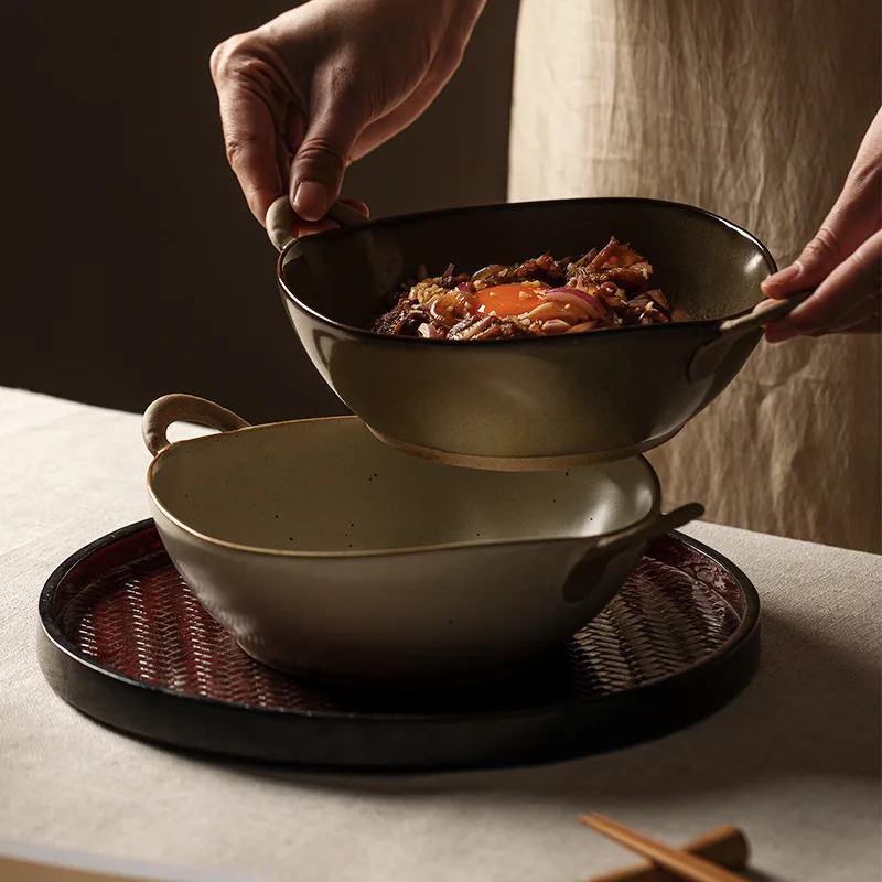 Японски ретро каменинови изделия против попарване Купа за бинаурална супа Керамична купа за салата Ramen Bowl Хотел Ресторант Прибори за хранене